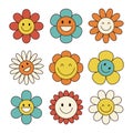 Colorful smiling daisy chamomile flower icon set. Groovy retro icon set. 60s, 70s hippie psychedelic style. Trendy graphic print. Royalty Free Stock Photo
