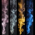 Colorful smoke on black background collage. Pink, white, yellow, blue fume. Abstract science experiments