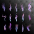 Colorful smoke on black background isolated. abstract realistic lilac violet blue smoke set. 3d illustration. vector