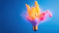 Colorful smoke exploding from a light bulb creating a vibrant and dynamic visual on a blue background Royalty Free Stock Photo