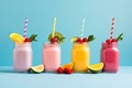 Colorful smoothies in glass jars with straws and fruits on blue background, Fresh fruit smoothies in glass jars with straws on Royalty Free Stock Photo