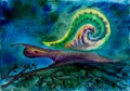 Colorful snail carrying its shell watercolor drawing