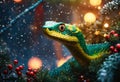 Colorful snake on beautiful decorated Christmas tree