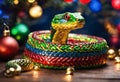 Colorful snake coiled under beautiful decorated Christmas tree