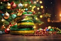 Colorful snake coiled under beautiful decorated Christmas tree Royalty Free Stock Photo