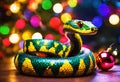 Colorful snake coiled under beautiful decorated Christmas tree