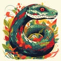 Colorful Snake Surrounded By Bright Leaves - Retro Vector Art