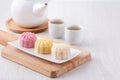 Colorful snow skin moon cake, sweet snowy mooncake, traditional savory dessert for Mid-Autumn Festival on bright wooden background