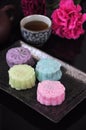 Colorful Snow Skin Mooncake on Black Tray