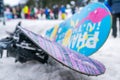 Colorful snowboards in the snow