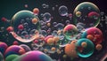 Colorful soap bubbles on a dark background. 3d illustration.