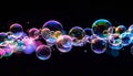 Colorful Soap Bubbles Floating in Black Background with Bokeh Effects Royalty Free Stock Photo