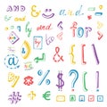 Colorful social media sign and symbol doodles set