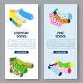 Colorful socks, dotted, stripped and of bright colors. Down syndrome day card with cartoon socks vector illustration