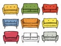 Colorful sofas set handdrawn style assorted colors furniture. Sofas collection cartoon vector