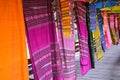 colorful soft fabric hanging show collection in building. thailand tradition culture fashion handmade