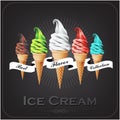 Colorful soft Ice cream in the cone, Different flavors, vintage style, Vector illustration