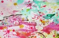 Pink soft yellow orange watercolor blurred waxy gold spots colorful hues, strokes of brush, backgrounnd Royalty Free Stock Photo