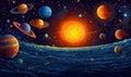 Colorful Solar System Illustration Featuring Planets and Sun in Space Royalty Free Stock Photo