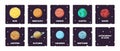 Colorful solar system space square flashcards in flat design cartoon style. Astronomy education and science for kids