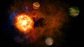 A colorful solar system with three planets that orbit the sun. Deep space illustration Royalty Free Stock Photo