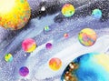 Colorful solar system in universe watercolor painting hand drawn Royalty Free Stock Photo