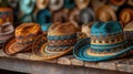 Colorful sombreros lined up on a wooden shelf, reflecting Mexican tradition.