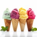 Colorful Sorbet Mini Ice Cream Cones On White Background