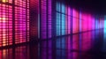 Colorful sound wave visualizer, vibrant lights reflecting on floor