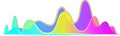 Colorful sound waves are undulating, creating a vibrant visual representation of audio signals, music waveforms, and