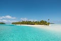 Tropical paradise in clear turquoise water, white sandbar, small islands with palms, South Pacific Island, Aitutaki, Cook Islands