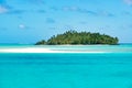 Tropical paradise in clear turquoise water, white sandbar, small island, palm trees, South Pacific Ocean, Aitutaki, Cook Islands