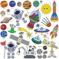 Colorful Space Kid set, the collection of coloring book template, the group of outline digital elements.