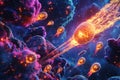 A colorful space scene with a large orange object shooting through the sky Royalty Free Stock Photo