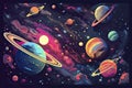 a colorful space scene with planets, astroids, stars, nebulas and comets. Concept and background related to space, space Royalty Free Stock Photo