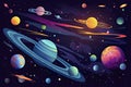 a colorful space scene with planets, astroids, stars, nebulas and comets. Concept and background related to space, space Royalty Free Stock Photo