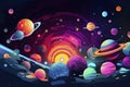 a colorful space scene with planets, astroids, stars, nebulas and comets. Concept and background related to space, space Royalty Free Stock Photo