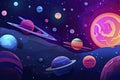 a colorful space scene with planets, astroids, stars, nebulas and comets. Concept and background related to space, space Royalty Free Stock Photo