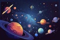 a colorful space scene with planets, astroids, stars, nebulas and comets. Concept and background related to space, space Royalty Free Stock Photo