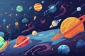 a colorful space scene with planets, astroids, stars, nebulas and comets. Concept and background related to space, space Royalty Free Stock Photo