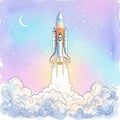 Colorful space shuttle launch with rainbow effect and clouds at base under starry sky Royalty Free Stock Photo