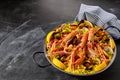 Colorful Spanish Seafood Paella with Langostino Royalty Free Stock Photo