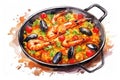 Colorful Spanish Seafood Paella with Shrimp and Squid on a Traditional Pan, a Gourmet Mediterranean Dish cooked with Royalty Free Stock Photo