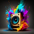 Colorful speaker with splashes of paint on it. Generative AI