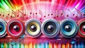 Colorful speakers with music notes and equalizer on a vibrant background Royalty Free Stock Photo