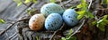 Colorful Speckled Easter Eggs Arranged on a Rustic Wooden Log With Fresh Spring Foliage