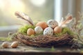 Colorful speckled easter eggs in decorative nest for spring celebration design Royalty Free Stock Photo