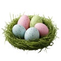 Colorful Speckled Easter Eggs In Nest. Symbol Of Spring And Festivity Isolated On Transparent Background Royalty Free Stock Photo