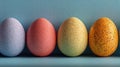 Colorful speckled easter eggs in a row on blue background, minimalist spring composition Royalty Free Stock Photo