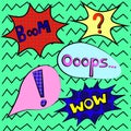 Colorful speech bubbles and explosions in pop art style. Elements of design comic. wow, boom, oops, , wham, from different comic f